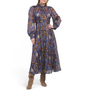ELIE TAHARI Porto High Twist Neck Bloussant Long Sleeve Long Midi Dress